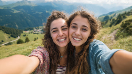 Two young women stand close together smiling broadly while taking a selfie against a stunning backdrop of green hills and mountains. The sun shines brightly on the scene enhancing their joy.の素材