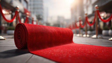 A vibrant red carpet lies rolled out at a high end venue flanked by ropes and stanchions ready for an exciting event as the sun shines down creating a festive atmosphere.の素材