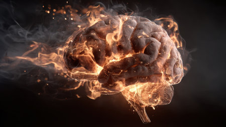 A brain appears engulfed in flames representing fiery creativity and deep thinking. The intense colors and smoke create a surreal and thought provoking atmosphere.の素材