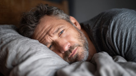 A man lies on his side in bed resting on a gray pillow while gazing thoughtfully. Soft morning light fills the dimly lit room creating a calm atmosphere.の素材