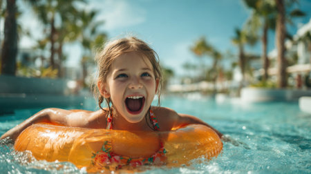 A cheerful girl is swimming with an orange float in a crystal clear pool under a bright blue sky. The scene captures her joy and the tropical setting with palm trees.の素材