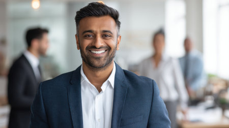 A smiling man in formal attire stands in a bright office environment. Colleagues can be seen in the background engaged in discussions creating a collaborative atmosphere.の素材