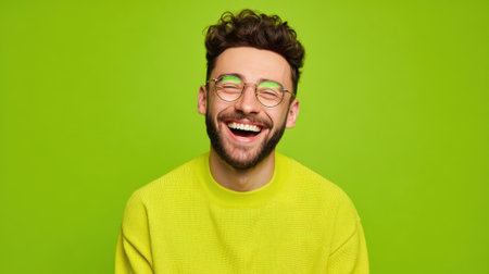A joyful man with curly hair and glasses is smiling brightly. He wears a vibrant green sweater that matches the lively background creating an energetic and happy atmosphere.の素材