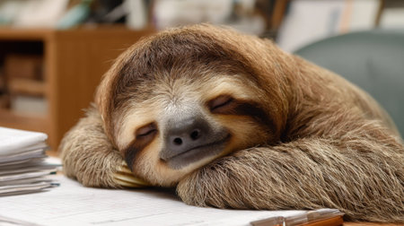 A sloth is peacefully sleeping on a desk covered with papers in a cozy office space. Soft lighting creates a calm atmosphere while the sloth enjoys a well deserved rest.の素材