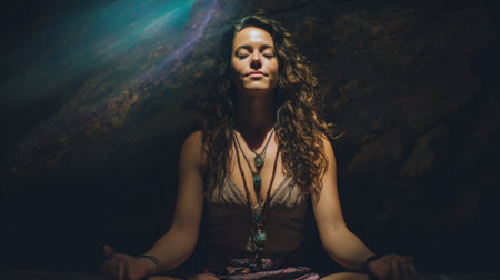A woman sits cross legged in a tranquil cave eyes closed and face serene. Soft light illuminates her as she focuses on her breathing surrounded by natural stone.の素材