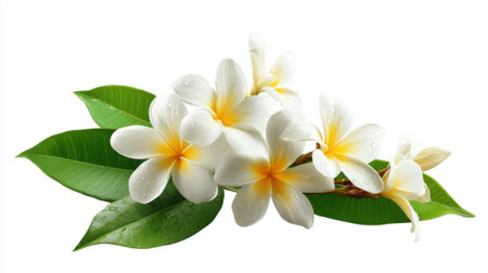 Fresh plumeria flowers bloom with pure white petals and vibrant yellow centers resting on lush green leaves. This arrangement evokes a serene tropical atmosphere.の素材