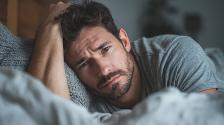 A man lies on a bed with a worried expression his arm resting on his head. Soft lighting creates a calm atmosphere hinting at evening time in a serene room.の素材