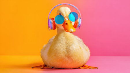 A cheerful yellow duck is sitting on a vibrant surface sporting stylish sunglasses and colorful headphones. The background features bright pink and orange hues creating a playful atmosphere.の素材