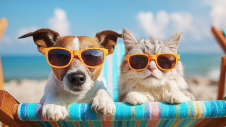 A dog and a cat sit side by side on colorful beach chairs both wearing bright sunglasses. They enjoy the sunny beach atmosphere with the ocean in the background.の素材
