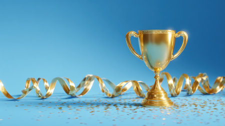 A shiny gold trophy stands on a blue surface surrounded by golden ribbon and scattered confetti. This scene captures the joy of celebration and achievement ideal for awards.の素材