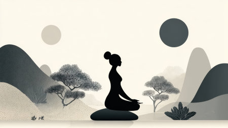 A calm scene shows a silhouette of a person sitting in a meditative pose on a rock. Behind mountains and trees create a peaceful atmosphere under two large suns.の素材