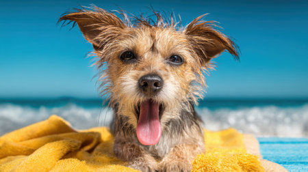A small dog with wet fur grins while lying on a yellow towel at the beach. Waves crash in the background under a bright blue sky capturing a joyful moment in the sun.の素材