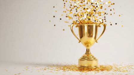A shiny gold trophy sits proudly as colorful confetti bursts from its top creating a festive atmosphere of celebration and achievement. The backdrop is simply emphasizing the trophy.の素材
