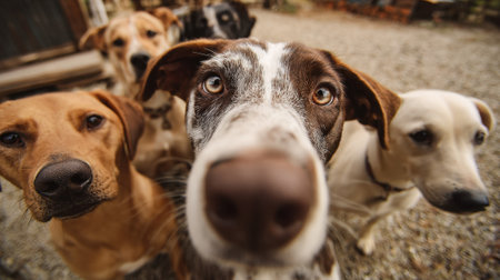 Several dogs of different breeds curiously approach the camera at an animal shelter. The setting is a sunny outdoor space surrounded by natural scenery.の素材