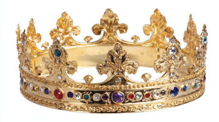 This stunning golden crown features intricate designs and is adorned with colorful gemstones. Its elegant look makes it ideal for costume parties theater productions or regal events.の素材
