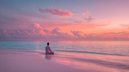 A person sits peacefully on the sandy beach meditating as the sun sets. The sky is filled with pink and orange hues reflecting on the gentle waves creating a serene atmosphere.の素材