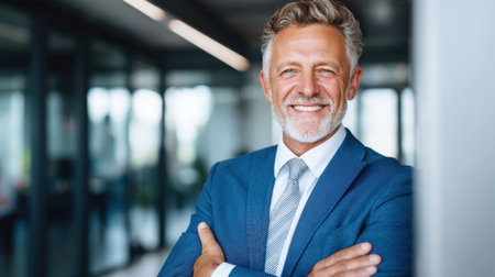Middle aged businessman with gray hair wears a blue suit and tie. He stands in a contemporary office exuding confidence while smiling at the camera.の素材
