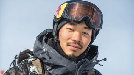 A snowboarder stands outdoors in a snowy mountain area wearing a dark jacket and goggles. He is smiling enjoying a bright winter day while surrounded by snow covered peaks.の素材