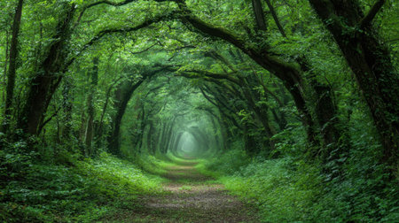 A serene forest trail is lined with tall trees and rich green leaves creating a peaceful atmosphere. The light filters through the leaves illuminating the path ahead.の素材