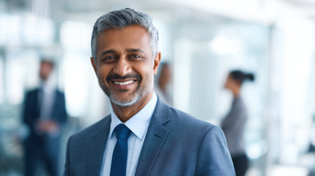 A professional man stands smiling in a well lit office environment filled with colleagues engaged in conversation. His atmosphere is formal and the atmosphere is focused and productive.の素材