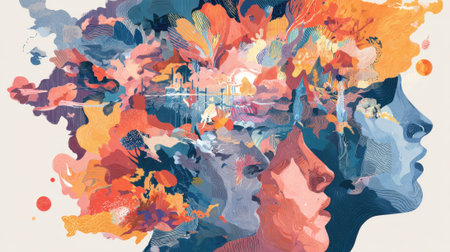 A vibrant artwork displays three faces merged with vivid colors and swirling patterns symbolizing deep emotions and the complexity of human thoughts. The colors blend and contrast beautifully.の素材