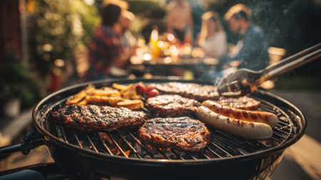 Juicy cuts of steak and sausages sizzle on the grill as friends enjoy a relaxed outdoor barbecue in a sunny backyard. The atmosphere is lively and fun.の素材
