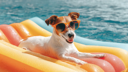A joyful dog relaxes on a bright colorful float in a swimming pool wearing funky sunglasses. The sun shines down as the water sparkles around the happy pet.の素材