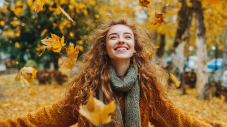 A joyful young woman with curly hair laughs as she throws yellow leaves into the air in a park surrounded by vibrant autumn colors during a sunny afternoon.の素材