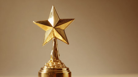 A shining golden star trophy stands tall against a neutral background celebrating success and achievement. This award represents hard work and dedication in various fields.の素材