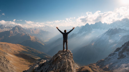 A person stands triumphantly on a rocky outcrop arms raised in joy. They overlook a stunning mountain landscape with valleys and peaks bathed in the warm light of sunset.の素材