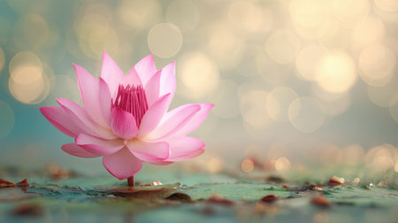 A delicate pink lotus flower stands tall above tranquil water surrounded by lily pads. Gentle sunlight creates a lovely bokeh effect enhancing the peaceful atmosphere.の素材