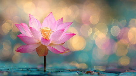 A vibrant pink lotus flower rises gracefully from the calm water surrounded by a dreamy bokeh effect. Soft morning light enhances its delicate petals creating a peaceful scene.の素材