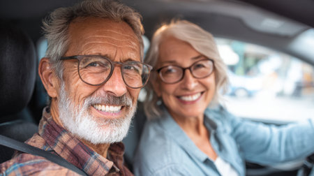 Two older adults share smiles and laughter while sitting in the front seat of their car. The bright atmosphere and clear day create a warm happy vibe.の素材