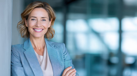 A professional woman stands confidently in a sleek office setting. Natural light streams in enhancing her approachable smile and polished appearance.の素材