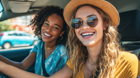 Two young friends are having a great time in a car during a sunny day. They are both smiling widely radiating happiness as they enjoy each other's company on their road trip.の素材