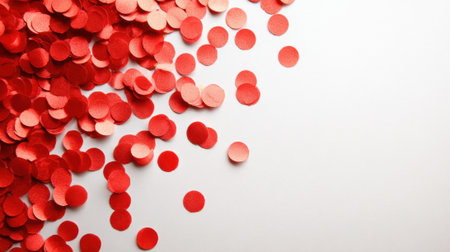 Bright red confetti pieces are scattered across a clean white surface perfect for celebrations parties and festive decorations. This setup invites a cheerful atmosphere.の素材