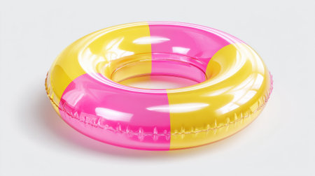 A vibrant inflatable pool float in pink and yellow colors rests against a light background. This fun accessory is perfect for summer days spent at the beach pool or lake.の素材