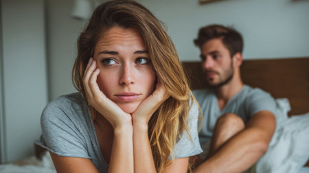 A couple sits on a bed in a dimly lit room both appearing distant and troubled. The woman looks concerned with her chin resting on her hands while the man sits behind her reflecting the tension.の素材