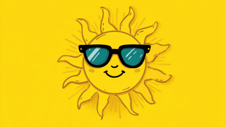 A bright yellow sun with a smiley face and cool sunglasses radiates happiness. This cheerful design evokes feelings of summer and fun perfect for sunny days.の素材