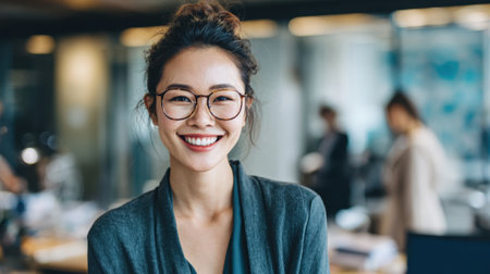 A young woman with glasses and a stylish outfit stands in a contemporary office. She is smiling warmly at the camera exuding a positive energy. The background shows colleagues engaged in work.の素材