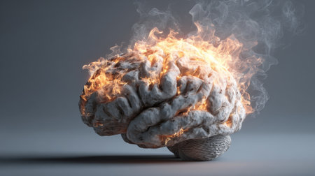 A striking representation shows a brain engulfed in flames symbolizing the challenges of mental health awareness. The artwork is part of a contemporary art exhibit addressing societal issues.の素材