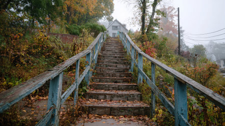 Sturdy wooden stairs ascend through a landscape of colorful autumn leaves toward a house in a foggy setting. The scene captures a serene and tranquil atmosphere.の素材