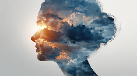 A creative visualization shows a woman's profile filled with dynamic clouds and a glowing sunset. This artwork highlights the connection between nature and human emotion evoking imagination.の素材