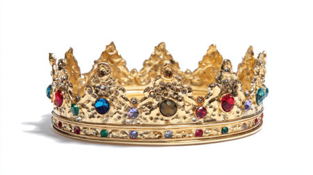 A stunning golden crown adorned with vibrant jewels shines brightly highlighting its intricate design and fine craftsmanship. Perfect for royal celebrations or costume events.の素材