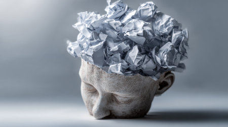 A creative sculpture depicts a human head made of plaster topped with crumpled paper that symbolizes chaotic thoughts. The scene is well lit emphasizing the unique artistry and texture.の素材
