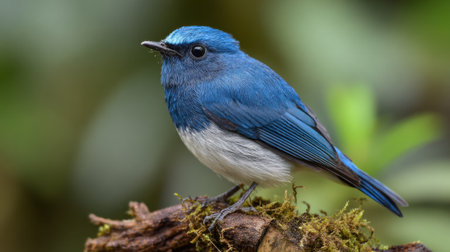 A vibrant blue bird stands on a moss covered branch in a lush forest. Sunlight filters through the trees highlighting its striking feathers and serene surroundings.の素材