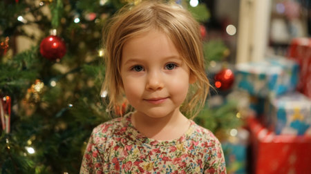 A young girl stands smiling in front of a decorated Christmas tree filled with lights and ornaments. Colorful presents are stacked below the tree creating a festive atmosphere.の素材
