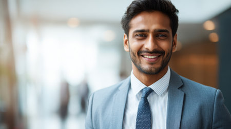 A confident man in a suit smiles warmly while standing in a modern business setting. He appears friendly and approachable embodying a professional atmosphere.の素材