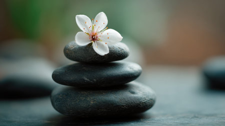 Smooth black stones are stacked in a neat pile topped with a white flower showcasing its petals and gentle details creating a peaceful atmosphere indoors.の素材