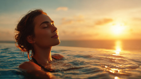 A woman with closed eyes embraces tranquility in an infinity pool during sunset. The vibrant colors of the sky reflect on the water as she relaxes by the coast.の素材